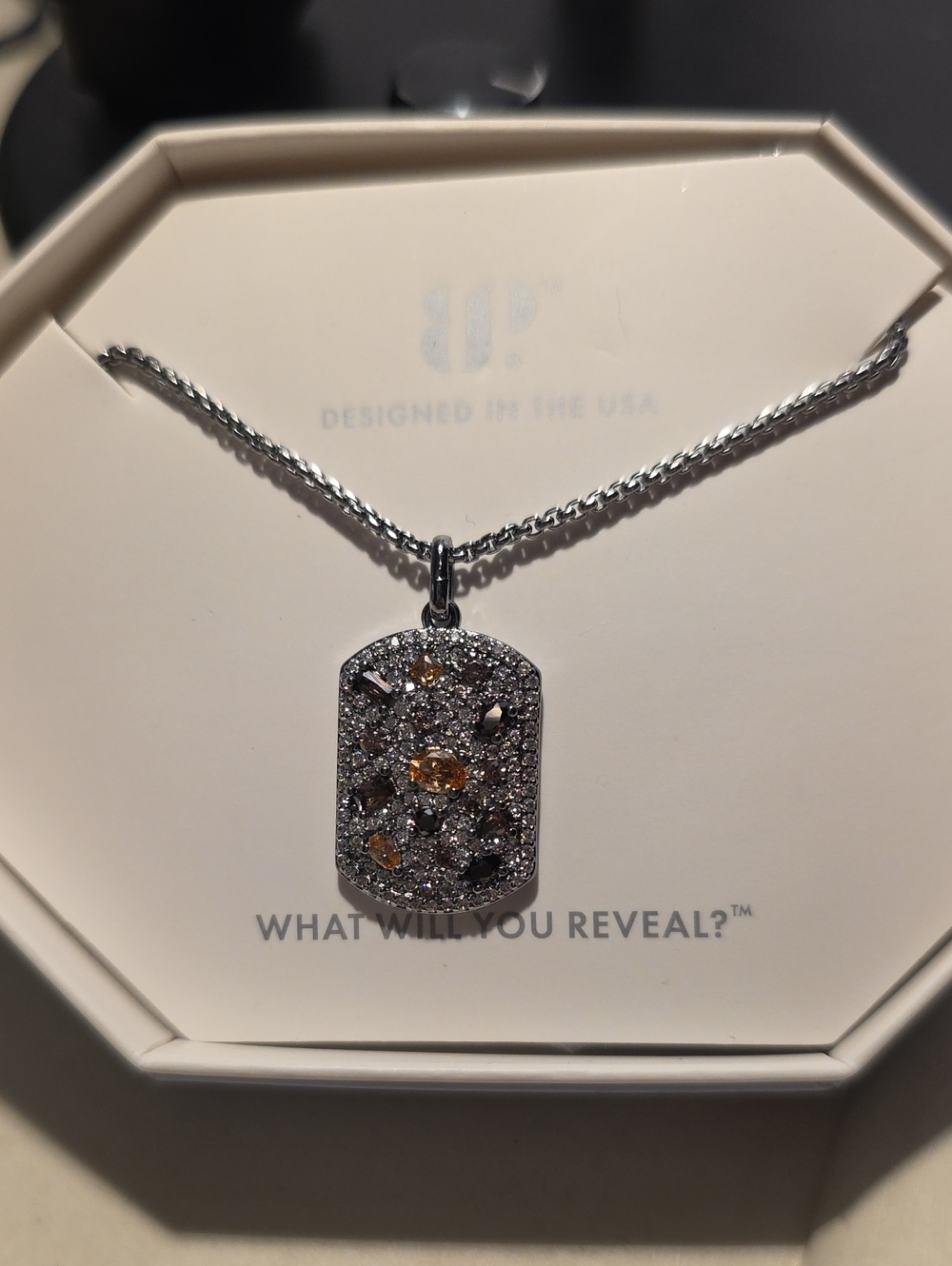 Sparkling Hematite Dog Tag Pendant Necklace with Champagne Accents